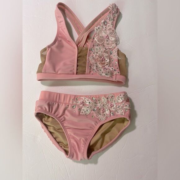 AA dance design custom solo costume pink rhinestone 2 piece set LC child - Picture 3 of 10